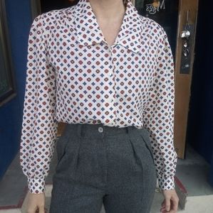 VTG 80s Geometric Print Button Up Collared Blouse